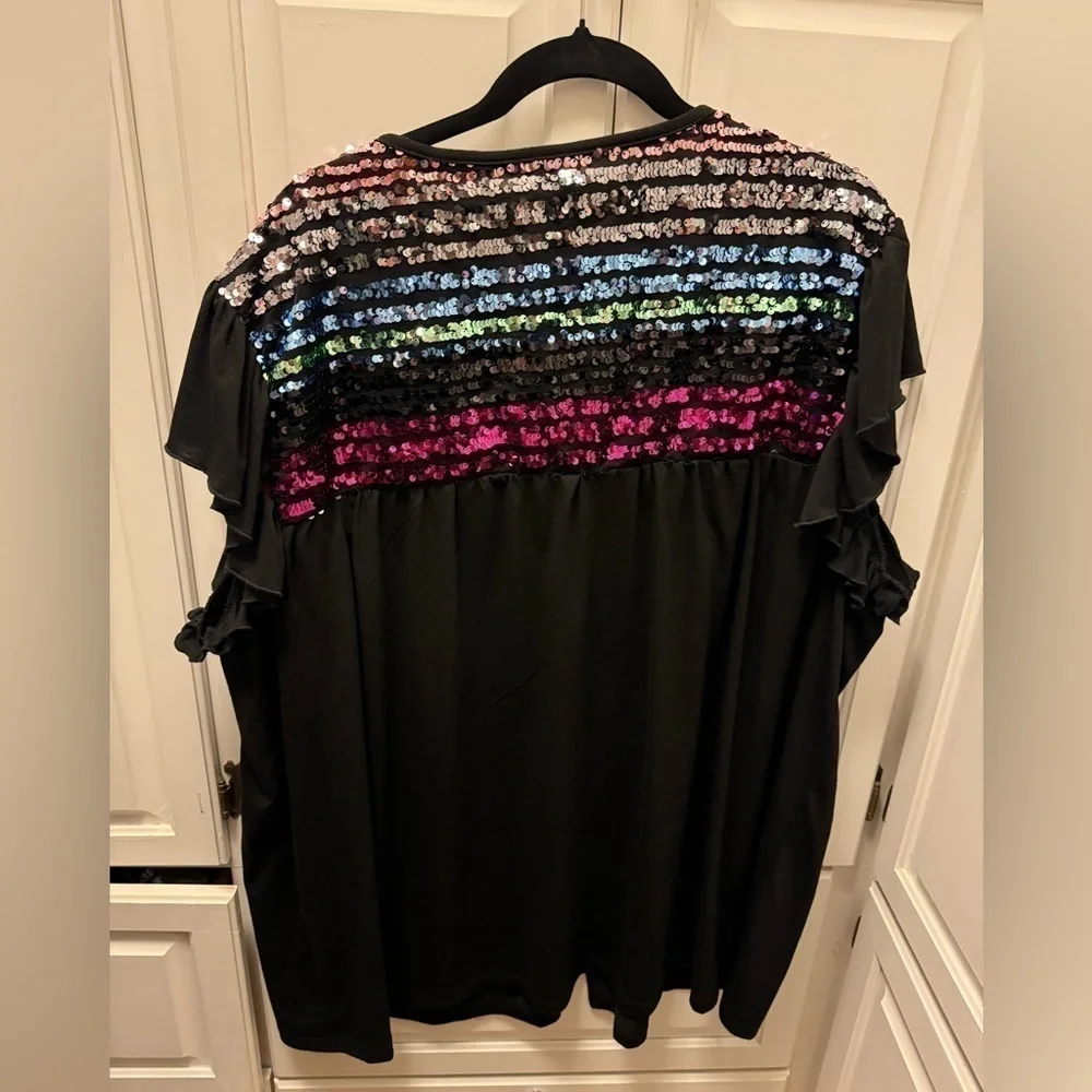 NWT Sunshine & Rodeos rainbow 🌈 sequin black flutter short sleeve top 3X